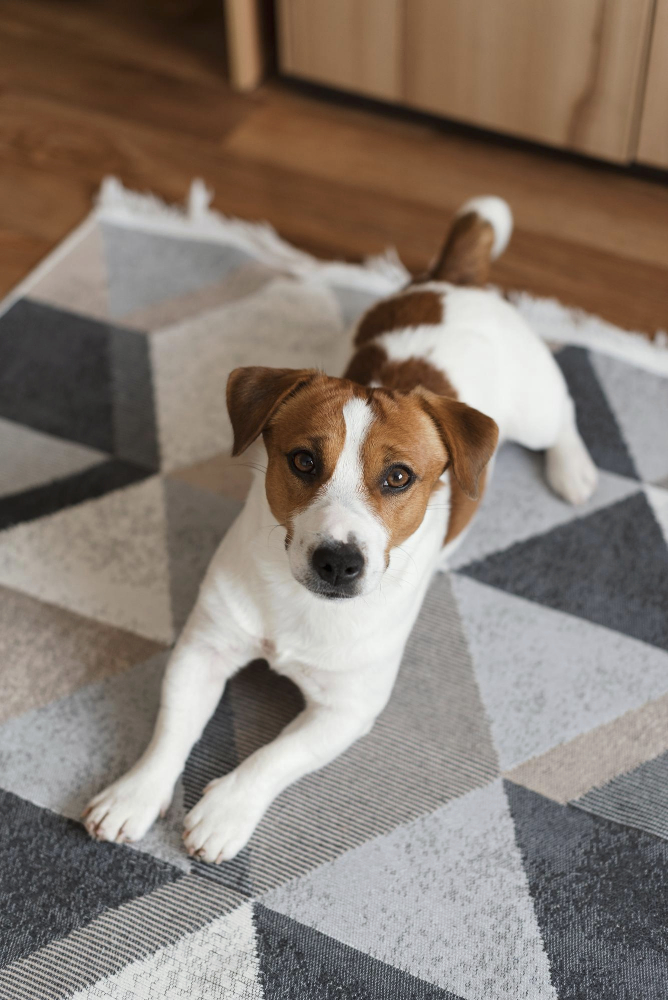 Cute Jack Russell Terrier dog is lying on the rug